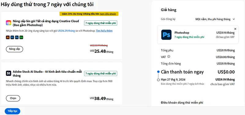 đăng ký dùng thử photoshop 2026 thanh toán