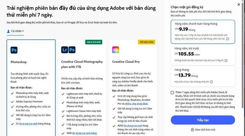 đăng ký dùng thử photoshop 2026