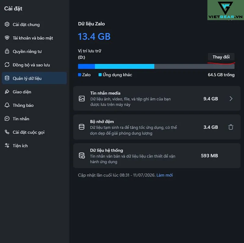 data zalo chiếm nhiều dữ lliệu