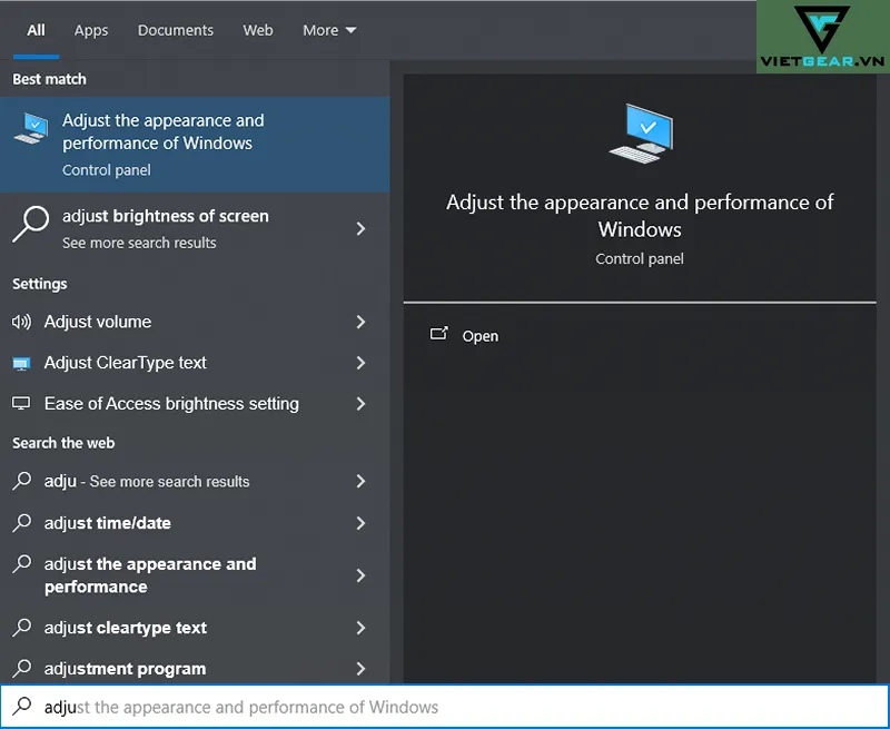 windows performance options